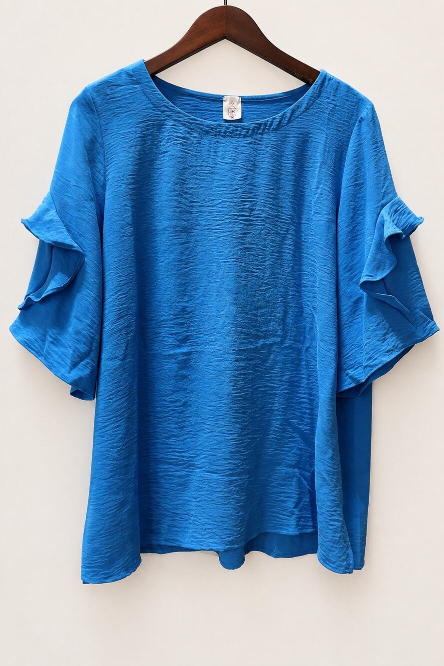 Like Love 1XL Turquoise Ruffle Flutter Sleeve Textured Tunic Blouse Plus
